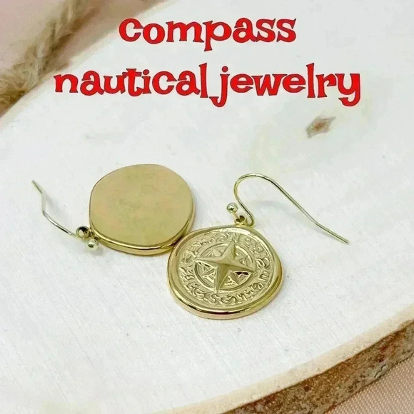 Compass gold coin earrings, nautical north star jewelry - Picture 6 of 11